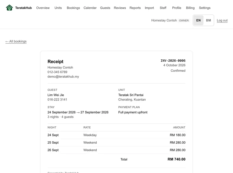 Numbered receipt with a per-night rate breakdown and total