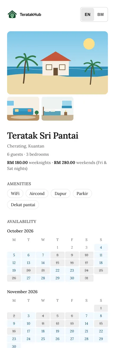 Public booking page for a homestay unit, on a phone