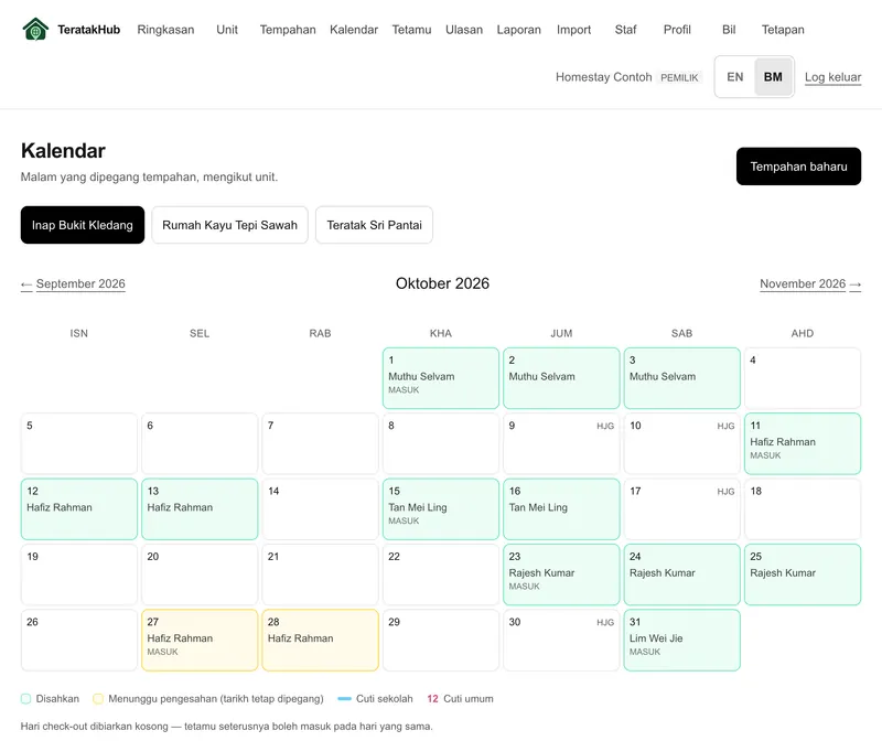 Kalendar booking satu unit untuk sebulan, malam yang ditempah ditanda hijau